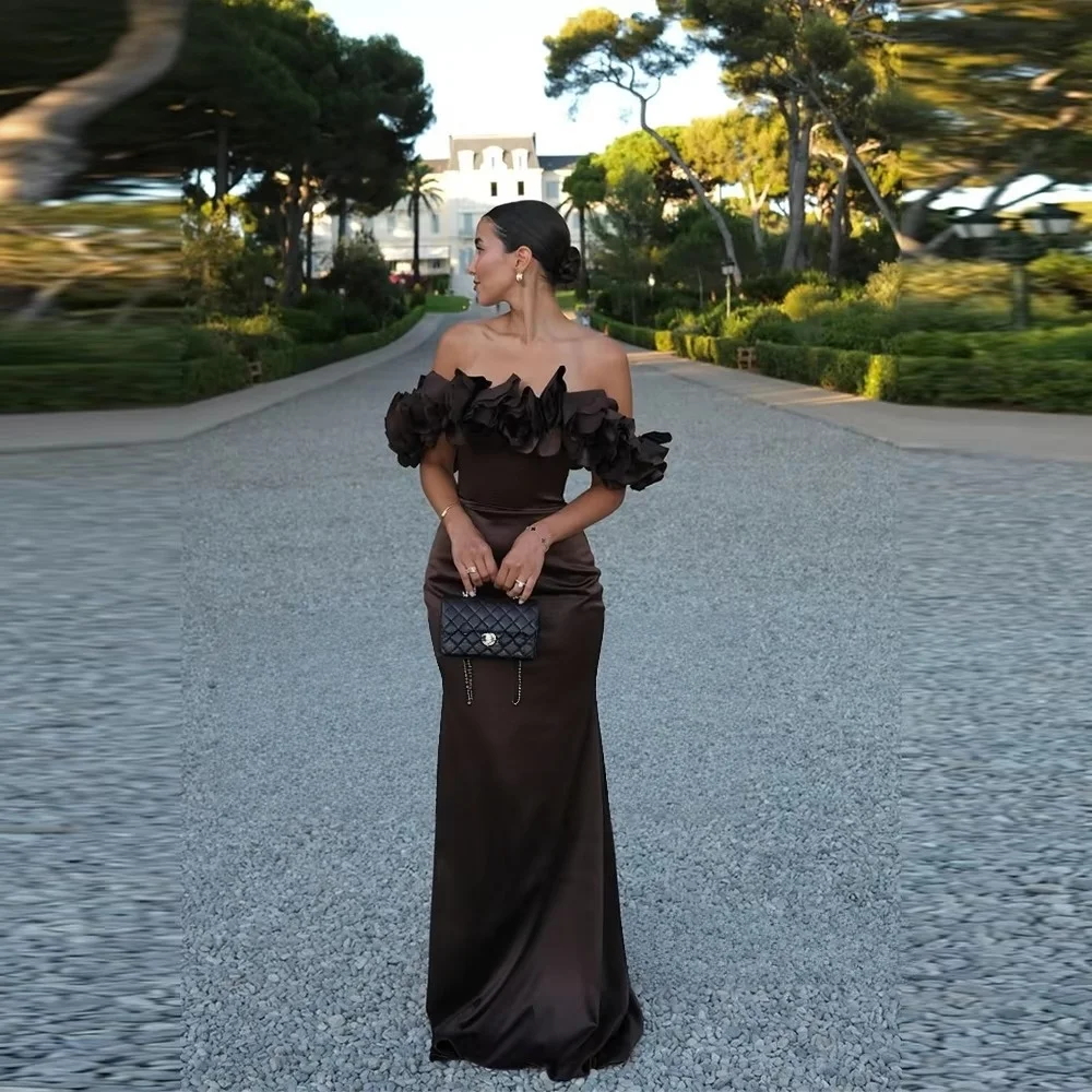 Ladies Off Shoulder Satin Dresses Ruffle Neck Chocolate Mermaid Long Dress Elegant Evening Prom Party Dresses For Women