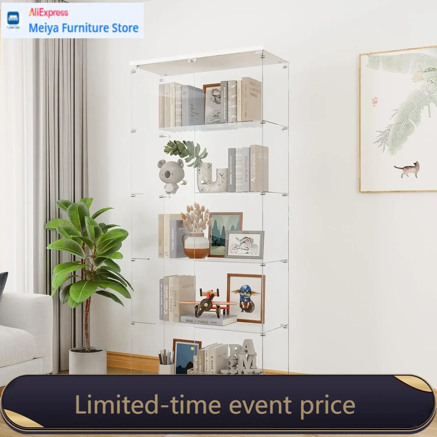 White 5 Shelf Tempered Glass Display Cabinet With 2 Lockable Doors Floor Standing Curio Storage For Living Room Bedroom Kitchen