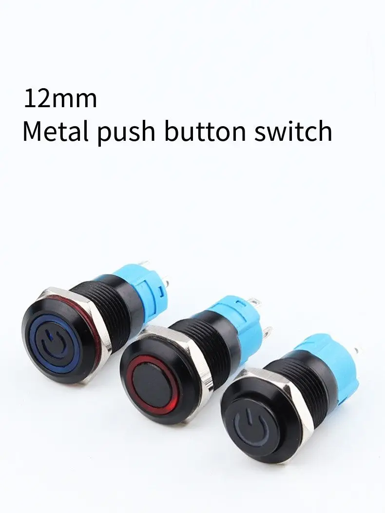 12mm high flat head metal button switch 2pin without light 4pin with light black power small button surface
