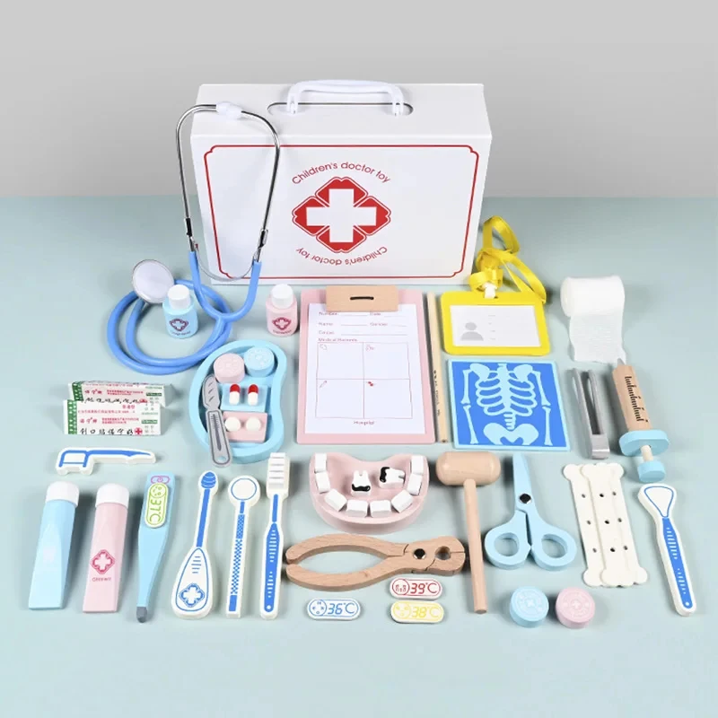 木製ごっこ遊びお医者さんセット-医療シミュレーション医学教育玩具-子供用チェストセット-キッズロールプレイングごっこ遊び用