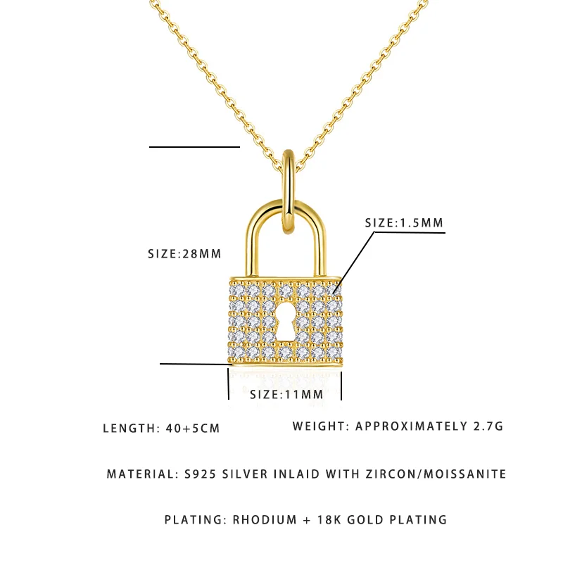 

Dainty Lock Shape Zircon/Moissanite Necklace 18K Gold Plated S925 Silver Anniversary Gift