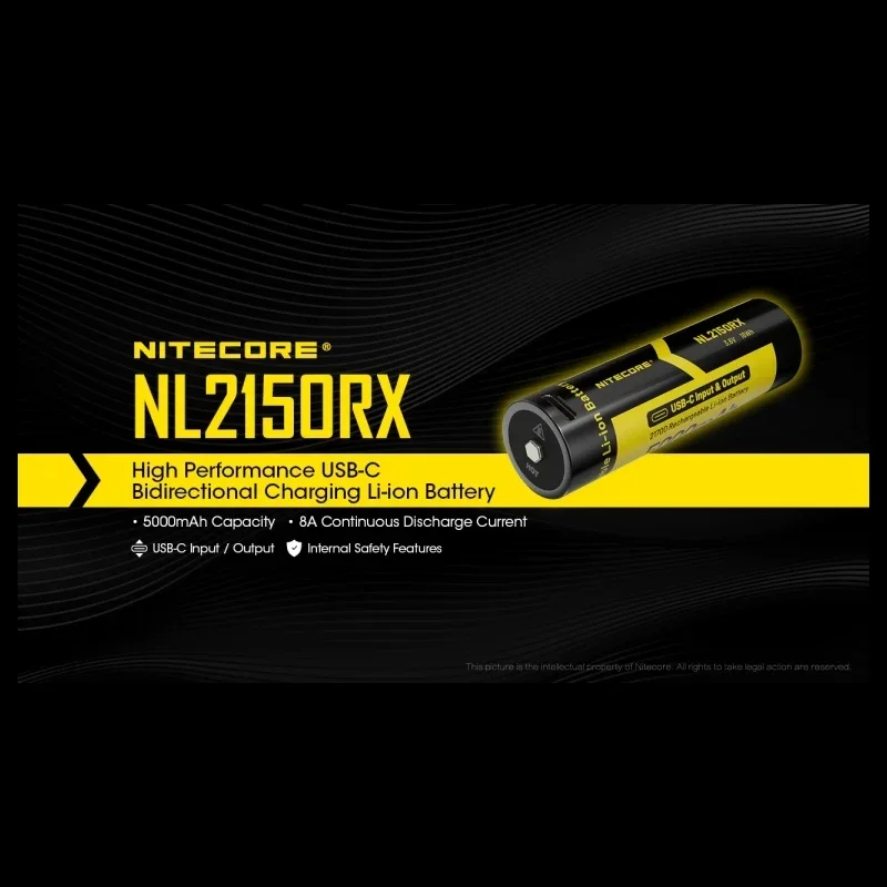 5000mAh Large Capacity NITECORE NL2150RX High Performance USB-C Bidirectional Charging 21700 Li-ion Battery