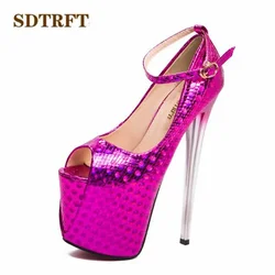 SDTRFT Crossdresser Summer Ankle Strap Sandals Wedding Platforms Shoes Woman 20cm Thin High Heels Sexy Peep Toe Gold Party Pumps