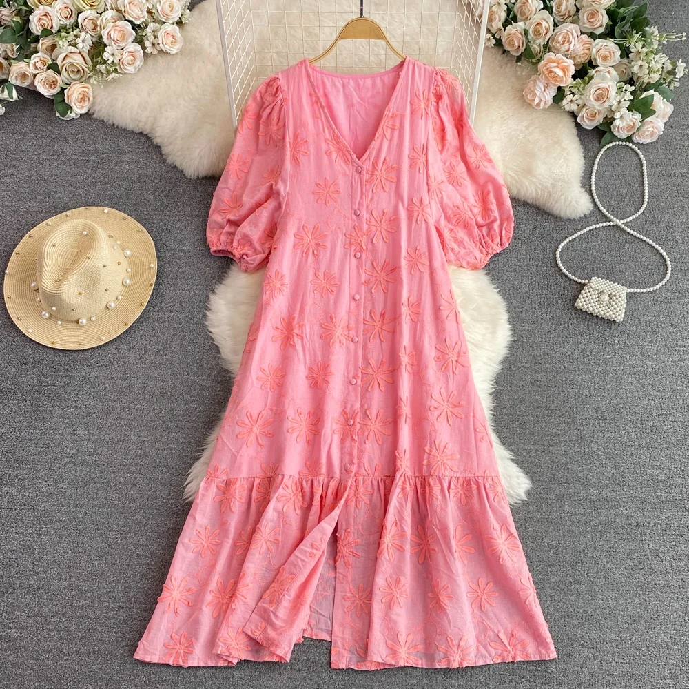 초상기 사랑 티 브레이크 가운 젠틀 빈티지 버블 반팔 브이넥 싱글 버튼 A라인 드레스 한국 스타일 출퇴근 순색