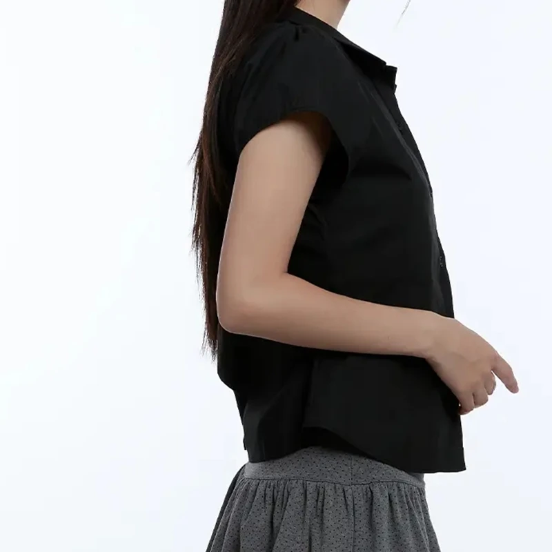 Y2K 셔츠 여성용 버튼 다운 셔츠 캐주얼 슬림핏 스타일리시한 솔리드 컬러 턴다운 칼라 반소매 탑 여름용