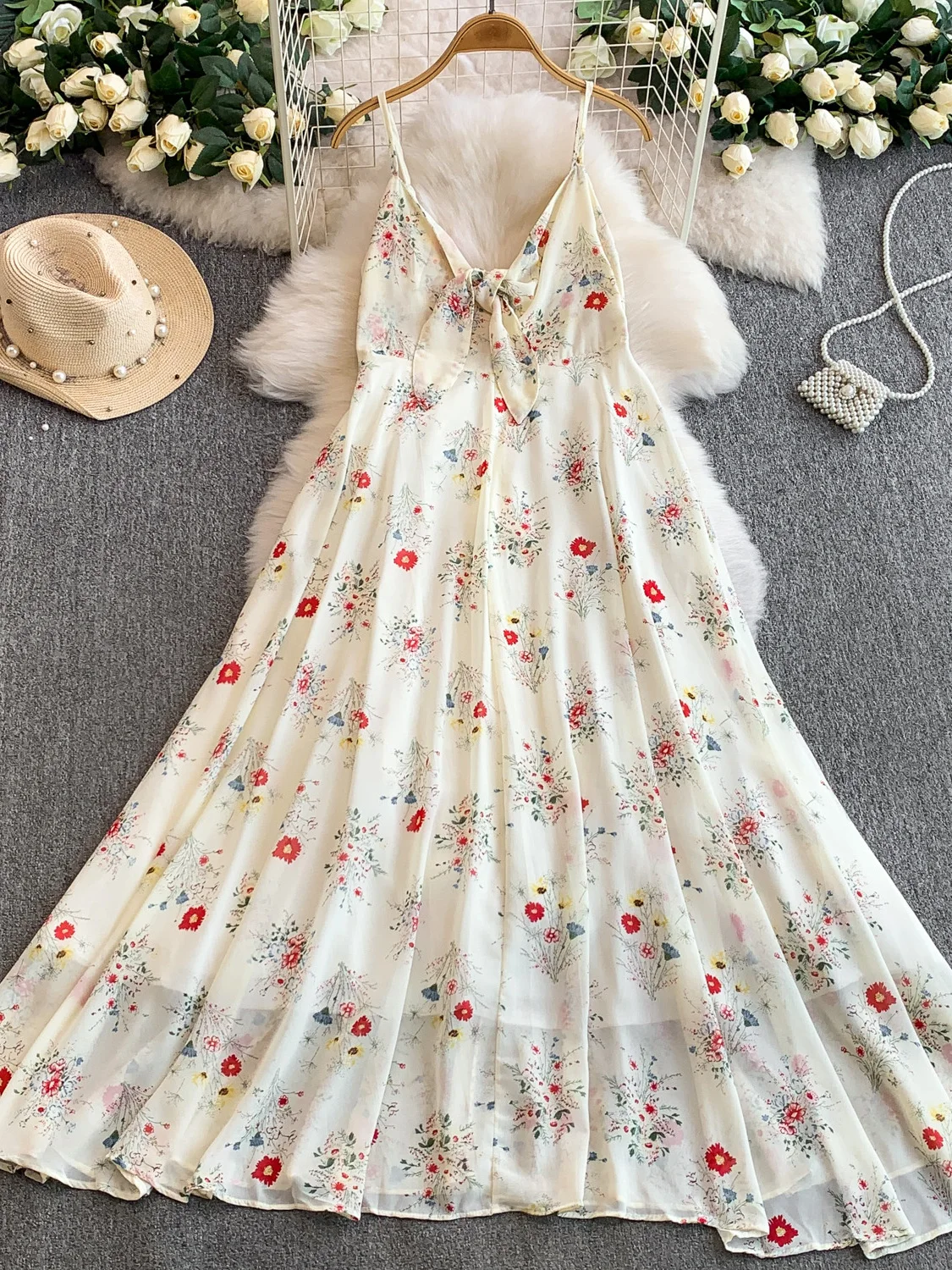 Süße Blumenkrawatte V-Ne ter Dr Sommer Vaion Ele Fairy Langer Rock Damen A-Linie Kleid mit hoher Taille No-Slee Midi D...