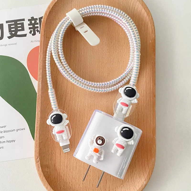 White Astronaut Cable Protector Data Line Spiral Cable Winder Headphone Charger Data Cable Protective Cover Wire Cord Protector