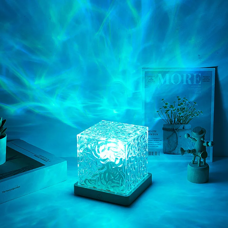 LED Rotating Water Ripple Night Lights RGB Colors Changing Show Cube Crystal Table Lamp For Home Bedroom Kids Party Decorations