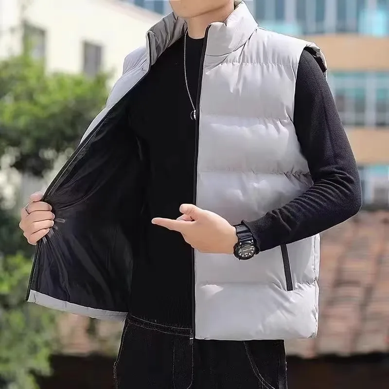 American Style Thickened Hoodless Stand Collar Cardigan Style down Vest Men's Autumn Winter Loose Casual Thick Warm Shoulder ...