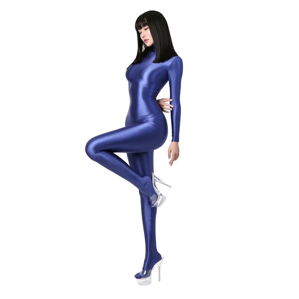 Women's Shiny Satin Long Sleeve Bodysuit Full Length Silky Catsuit Jumpsuit Sexy Zentai Clubwear Streetwear One-Piece Tights