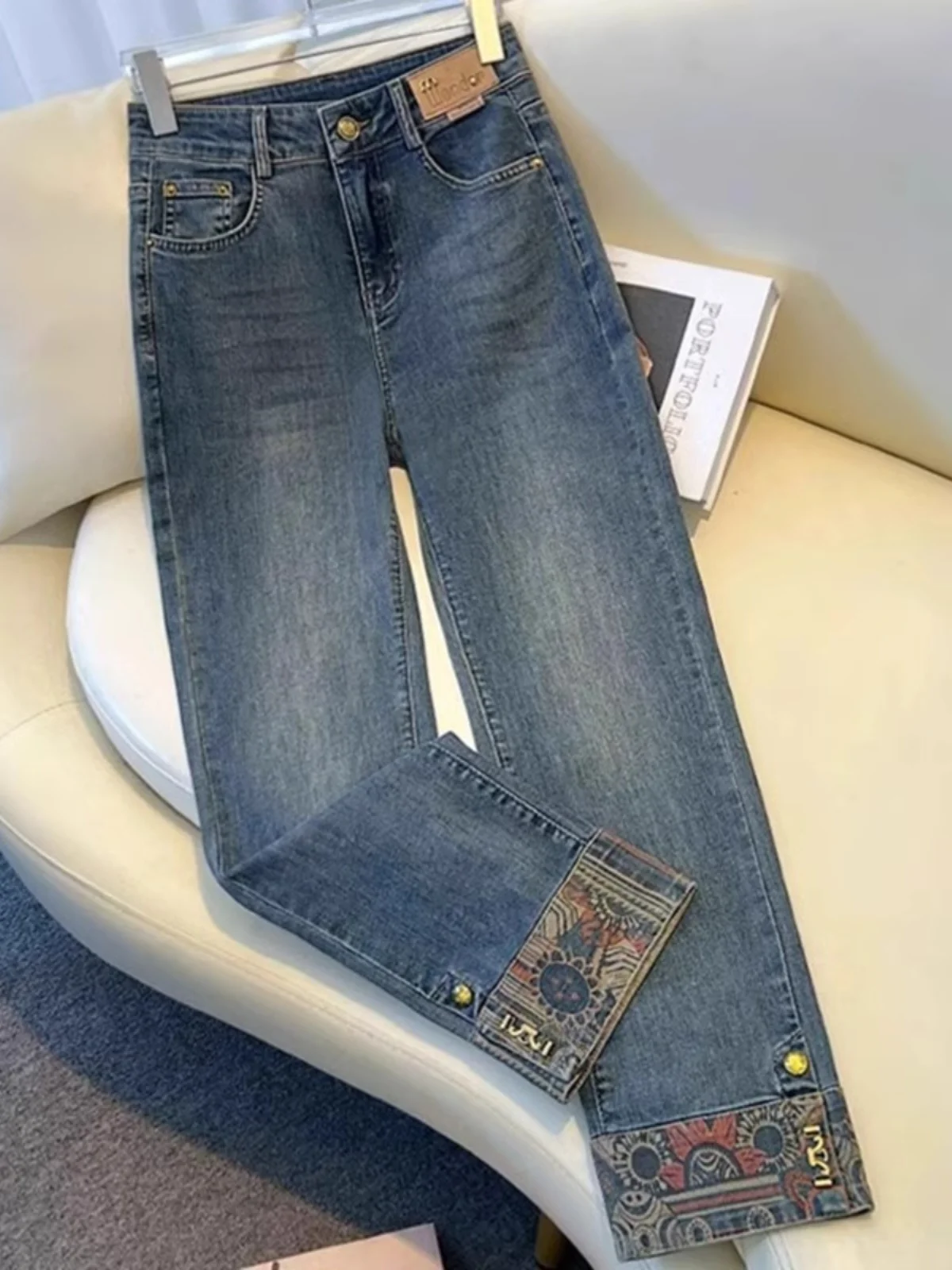 レディース スリムフィット ハイウエスト ストレートレッグ ジーンズ ハイストレッチ ナロー丈 春秋 ディープブルー ハイウエスト ジーンズ