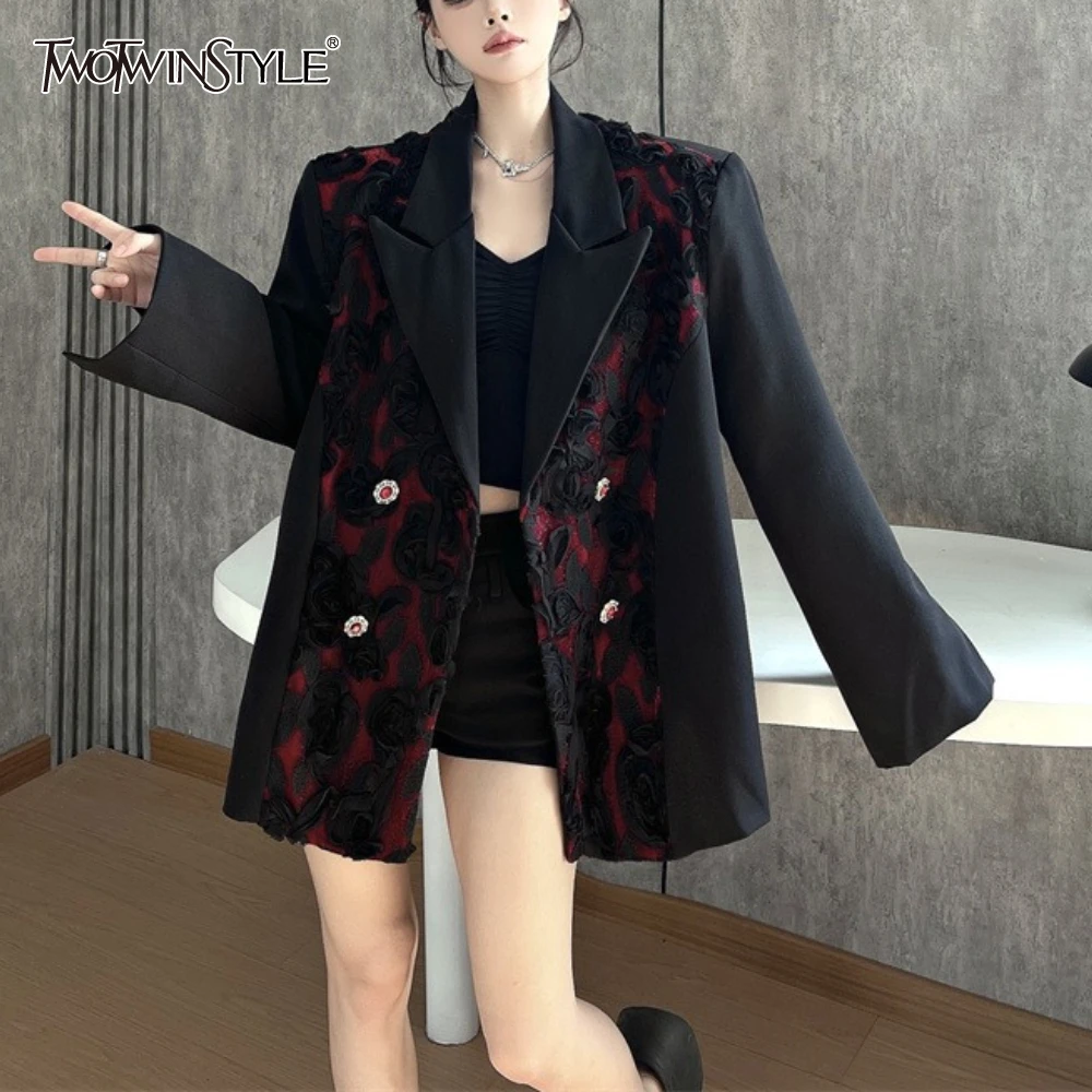 TWOTWINSTYLE Black Spliced Rose Chic Jacket Female Lapel Long Sleeve Loose Office Lady Women's Jackets Autumn Fashion New Style