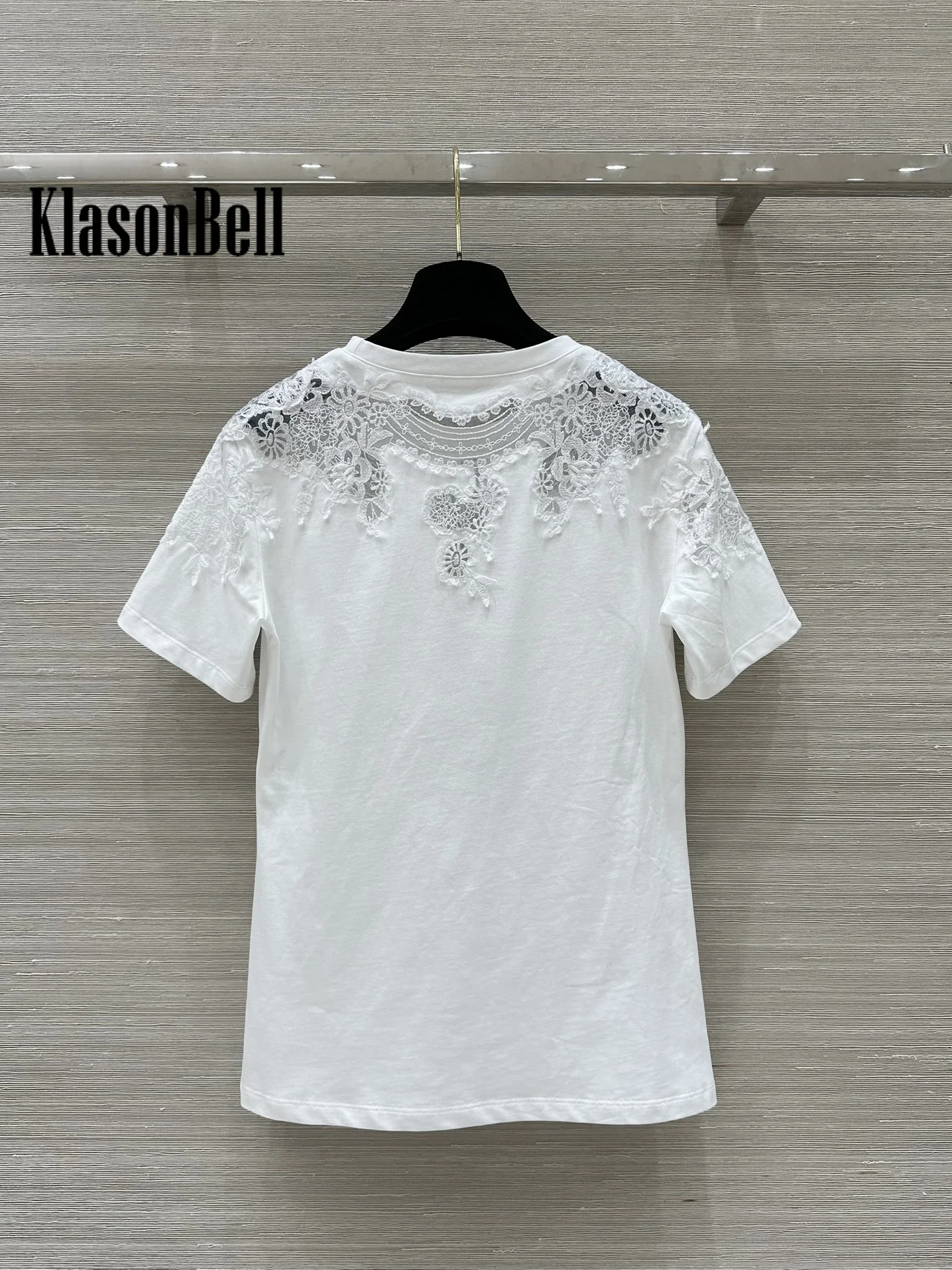 1.19 KlasonBell Fashion Sexy V Sheer Mesh Lace Embroidery Flower  Spliced Cotton Short Sleeve Casual T-Shirt For Women