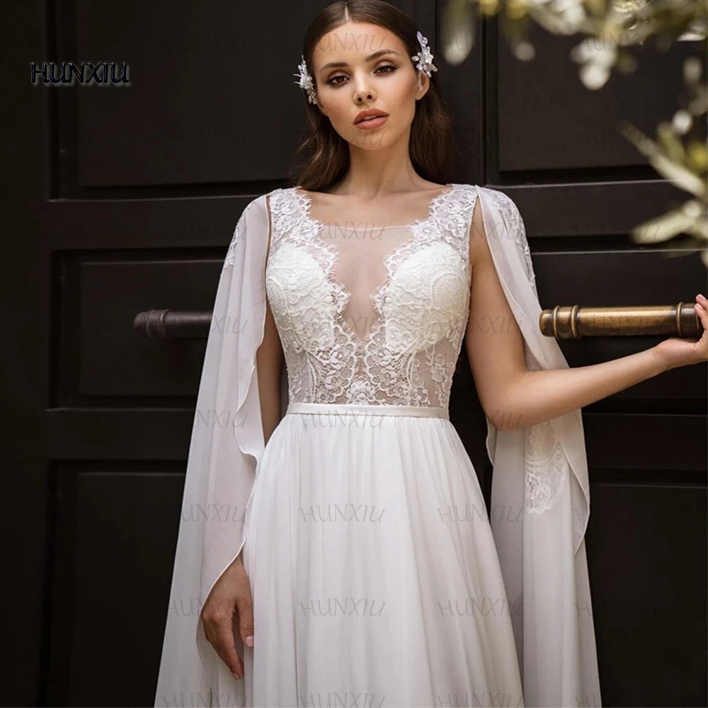 HUNXIU Chiffon Wedding Dresses Classic Applique A-Line Floor Length with Belt Bridal Open Back with Sweep Train Custom Gowns