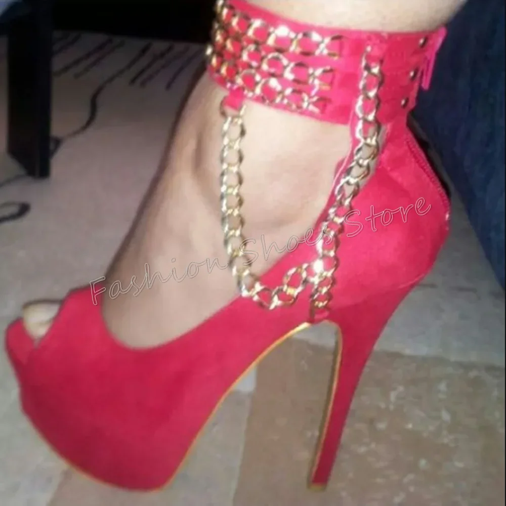 

Red Peep Toe Chain Decor Pumps Back Zipper Stilettos High Heels High Heel Shoes for Women Heels 2025 New Zapatos Para Mujere