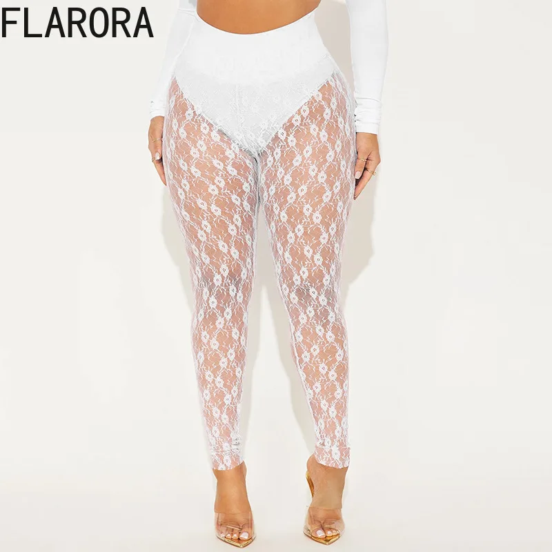 FLARORA Sexy Lace Patchwork Legging Pants Woman Solid Color See Through High Waist Skinny Pant Hottie Wild Street Spring Bottoms