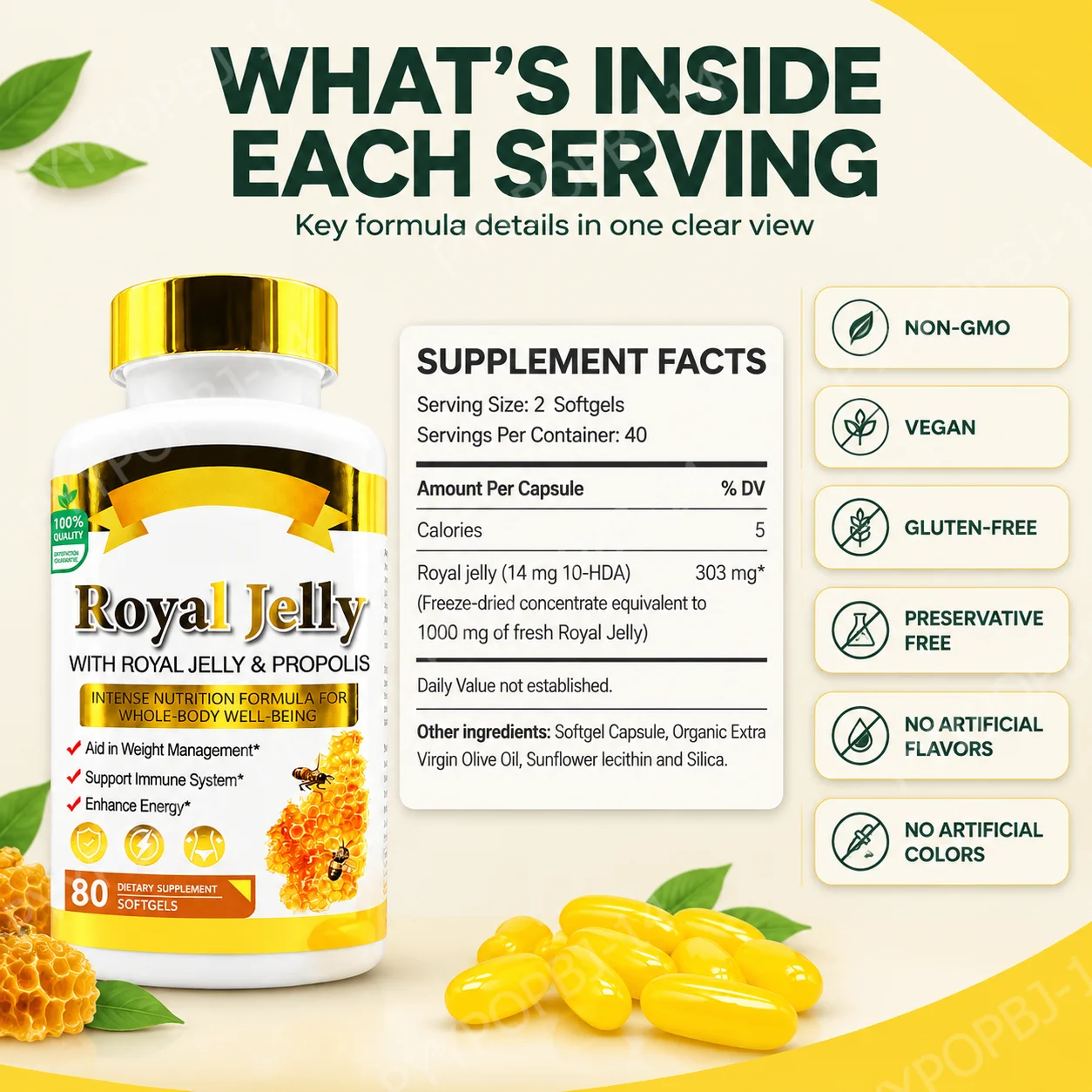 Royal Jelly Softgels,Boost Energy,Support Immune Defense,Aid Body Weight Management,Nourish Whole Body,Propolis,80 Softgels
