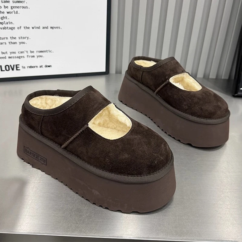 

Женские тапочки на плоской подошве и платформе, замшевые теплые туфли-лодочки с открытой спиной, уютные зимние хлопковые ботинки, новинка 2025 года, модные трендовые Mujer Snow Botas