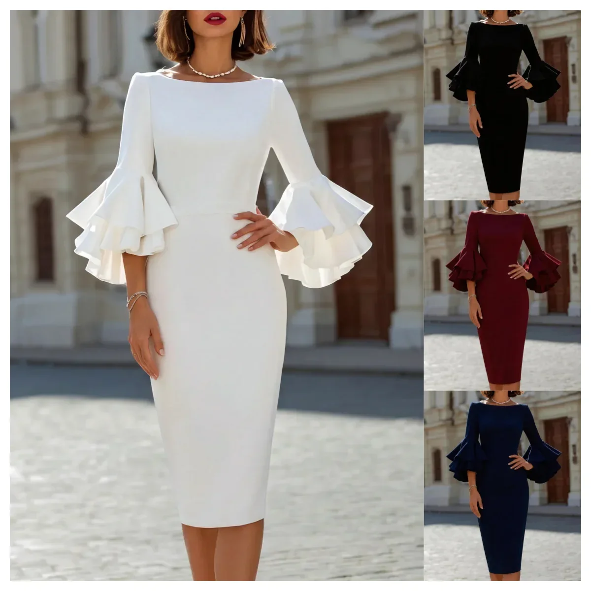 Klassisches Bootshals-Kleid mit Doppelstufen-Rocksaum, Dreiviertelärmeln und Stretch-Crêpe-Midi-Schnitt – Detail 2