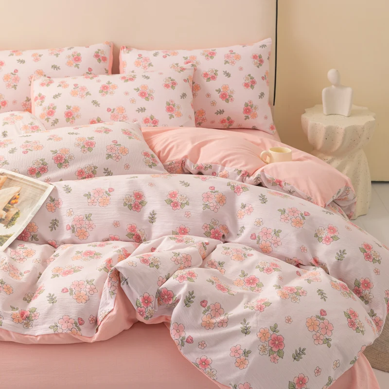 Double-layer Gauze Bedding Set Flower Printed Bedsheet Sets Adults Room Bedclothes juegos de sábanas Home Soft Bed Linen Set