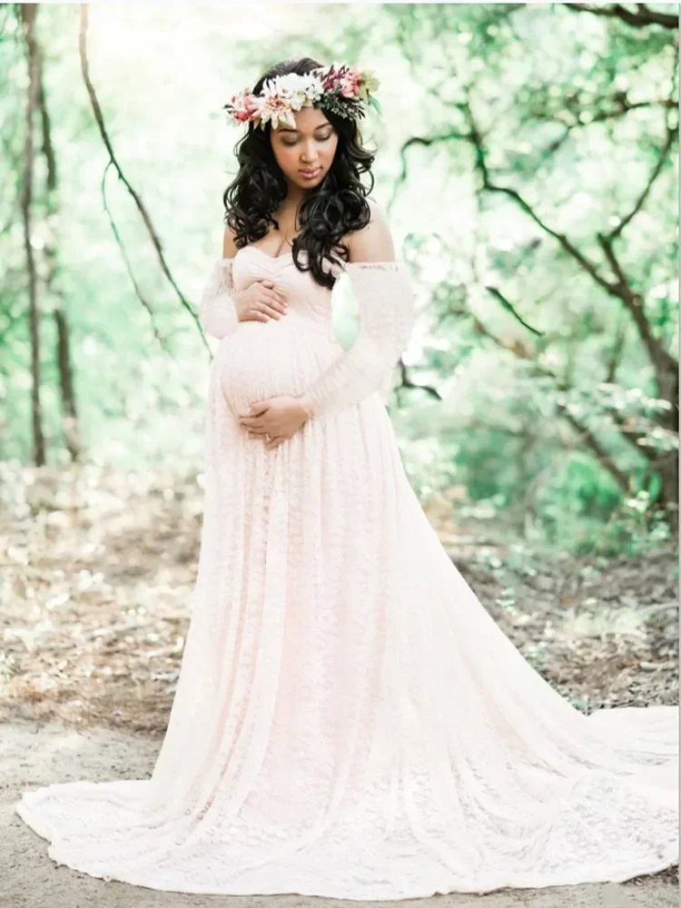 Maternity Lace Long Sleeve Dresses Photo Shoot Pregnancy Photography Baby Shower Maxi Gown Wedding Dress Pregnant Women Clothing