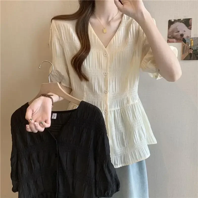 

Pop Slimming French Style Short Sleeve Shirt Women's Plus Size Bubble Sleeve Top Waist Cinched Spring Fashion Plus Size Cover Up