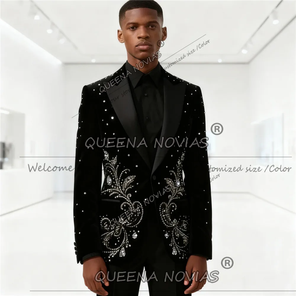 화려한 크리스탈 비즈 웨딩 턱시도 소년용 벨벳 프롬 블레이저 맞춤형 2피스 어린이 생일 의상 2-16세