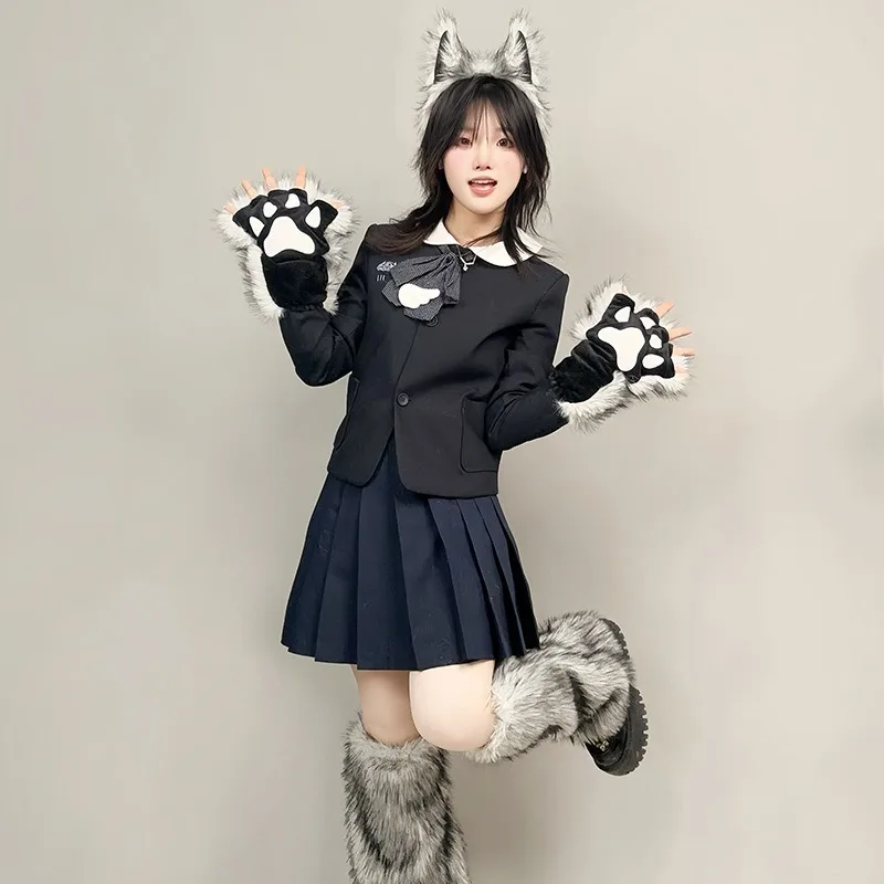 Werewolf Costume Accessory Set Halloween Wolf Ear Headband Tail Claw Gloves Party Performance Role-playing Props
