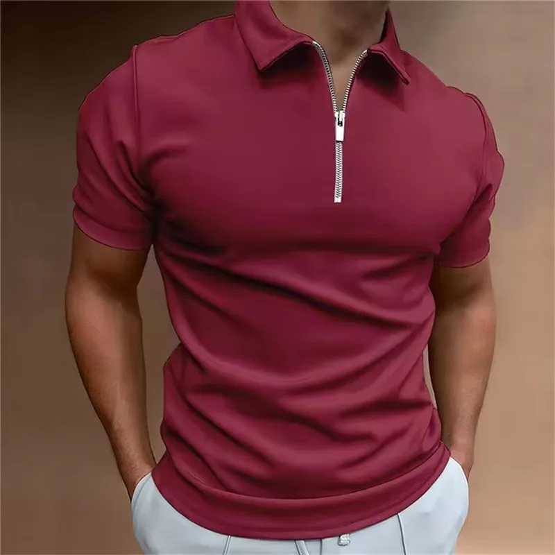 Fashion Men's Solid Color Zippers Polos T-Shirts Summer Short Sleeve Street Male Black POLO Tee 6XL Plus Size Casual Tops