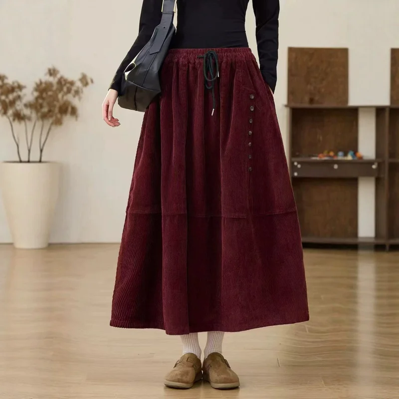 QICHE 2026 New Ladies Bottoms Autumn Winter Vintage Corduroy Fabric Tie Elastic Waist Thick Spliced Women Skirt