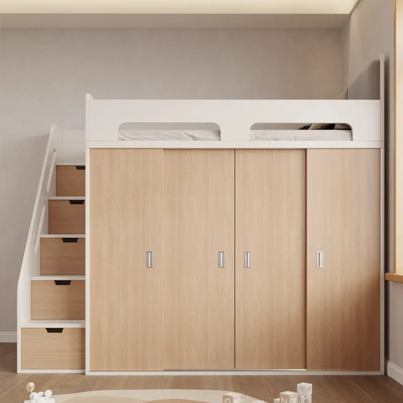 Maßgefertigtes Massivholz-Hochbett mit Kleiderschrank, Multifunktionales Kinder-Halbhochbett und Schrank-Kombination für Kleine Räume