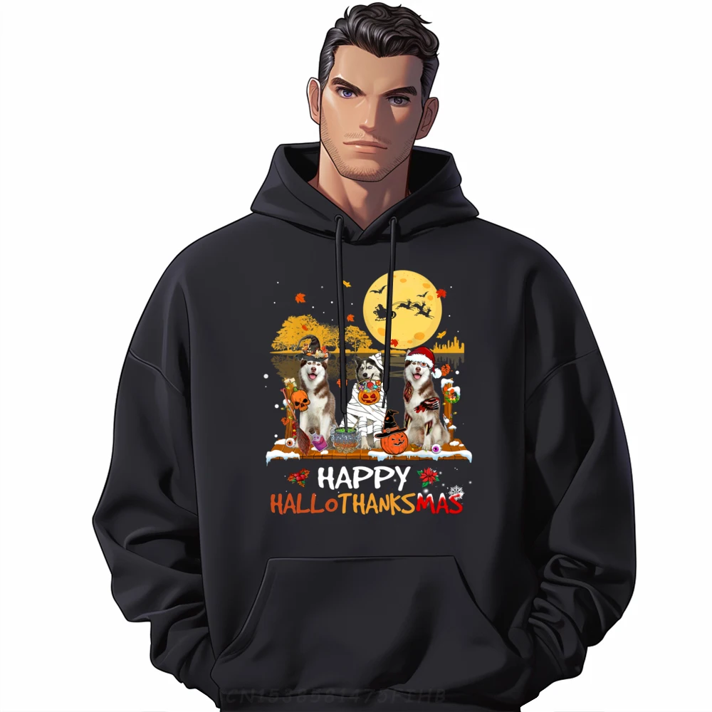 

Husky Happy Hallothanksmas Halloween Thanksgiving Xmas Mens Designer Clothes Moderate elasticity Hoodies Men Group