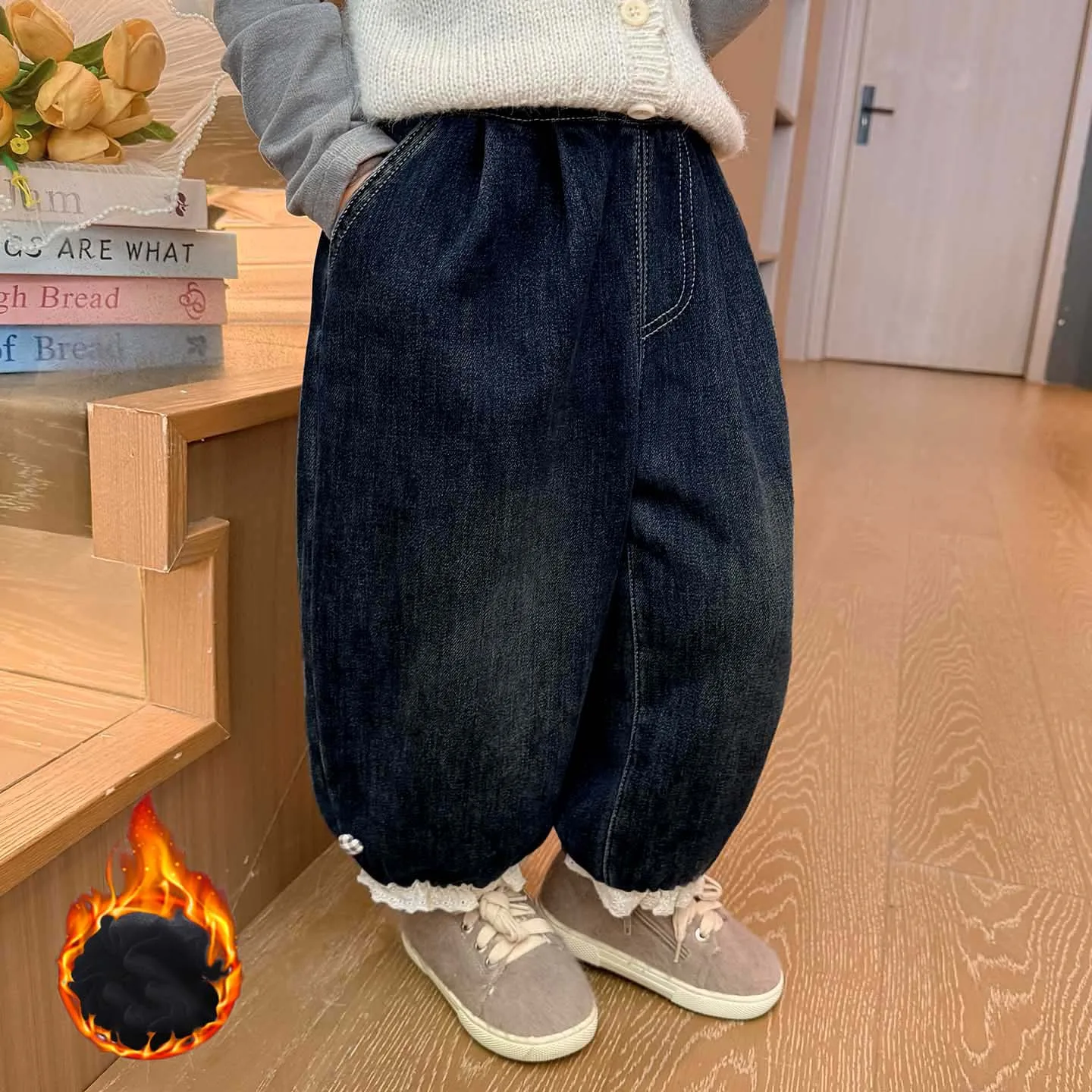 Winter Children Girl Fleece Jeans Integrated Toddler Kid Girl Lace Hem Lantern Pant Loose Elastic Waist Infant Baby Girl Trouser