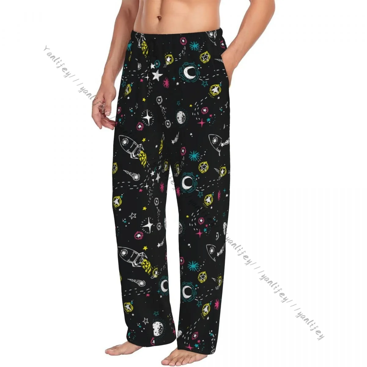 Men's Casual Pajama Sleeping Pants Stars Rockets Comets And Planets Lounge Loose Trousers Comfortable Nightwear