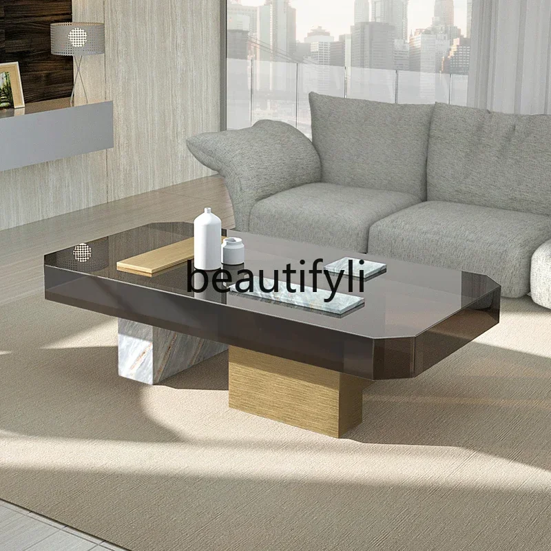 

A16 Light luxury tempered glass coffee table simple modern living room rectangular marble