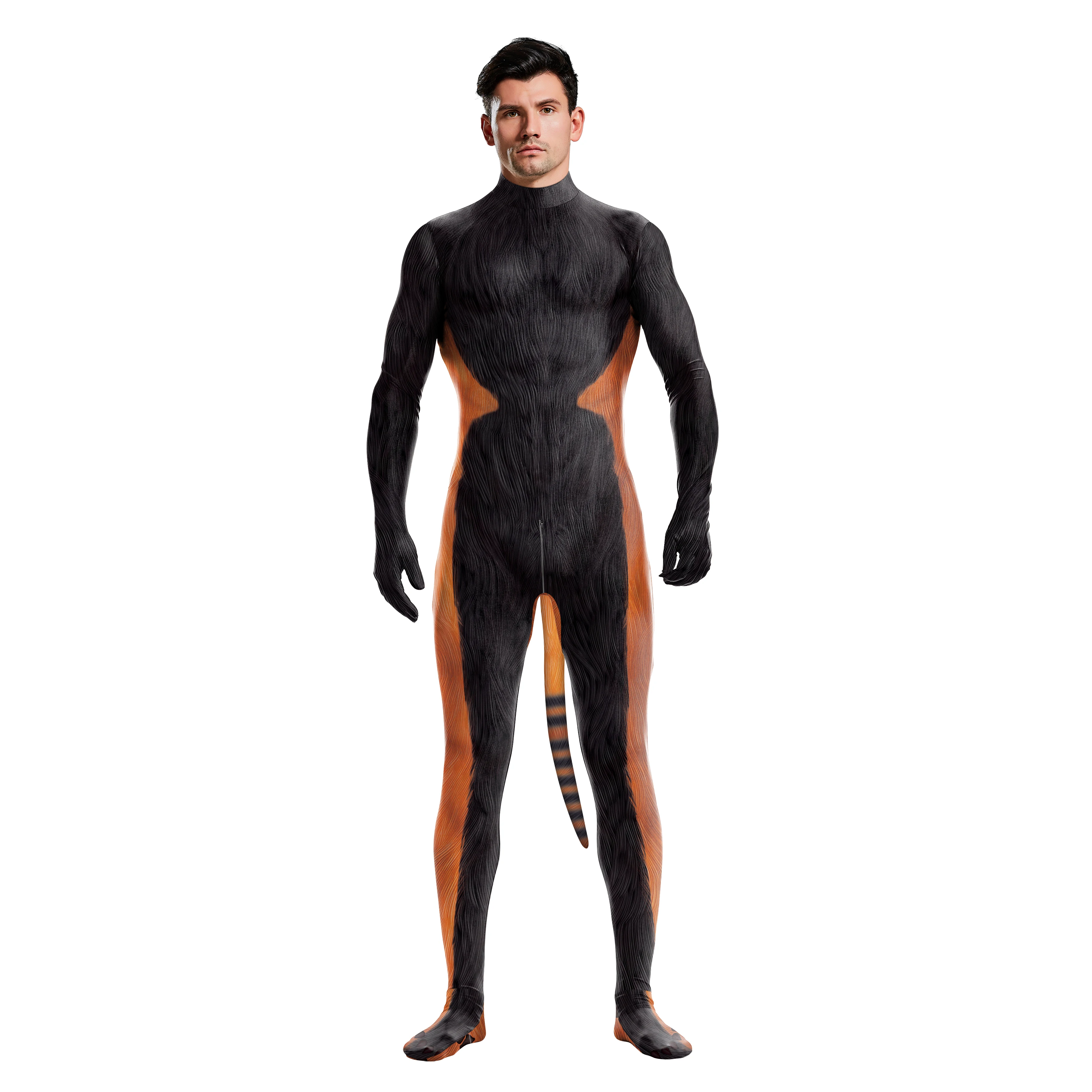 Pet Print Cosplay Bodysuit Man Fitness Zentai Suit with Tail Full Cover Crotch Zipper Costume Holiday Party Show Outfit Unisex