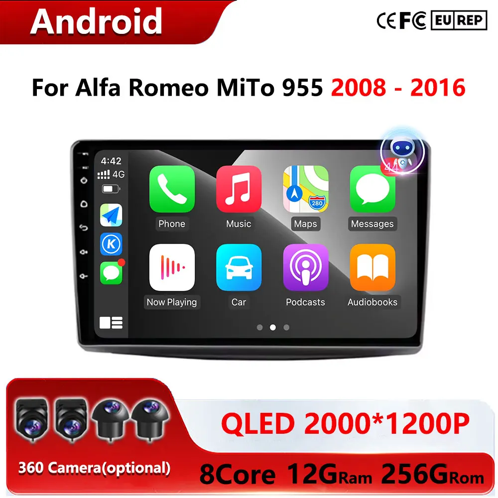 Android 16 Auto GPS Navigation Bluetooth WiFi QLED Screen Car Radio Multimedia Video Player For Alfa Romeo MiTo 955 2008 - 2016