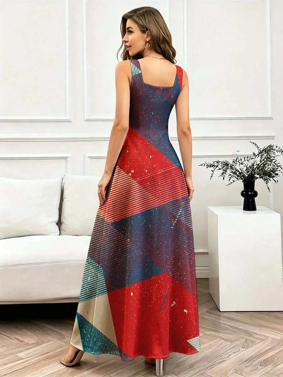 

Geometric Print Square Neck Maxi Dress With Striped Color Block Design For Women