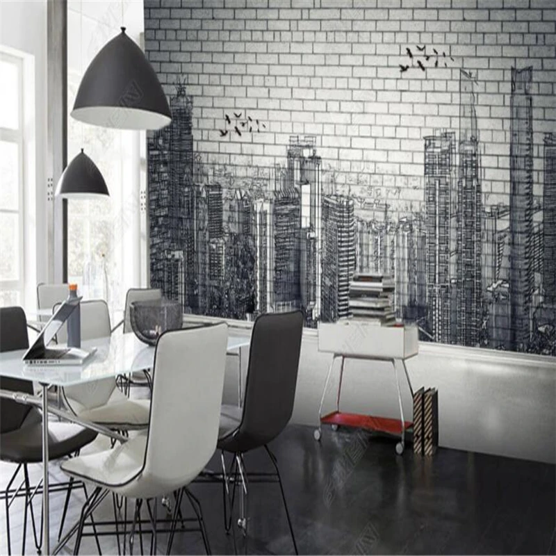 Urban architecture black white hand-painted brick wall 3D background wall painting large fresco paper bedroom study 3D wallpaper