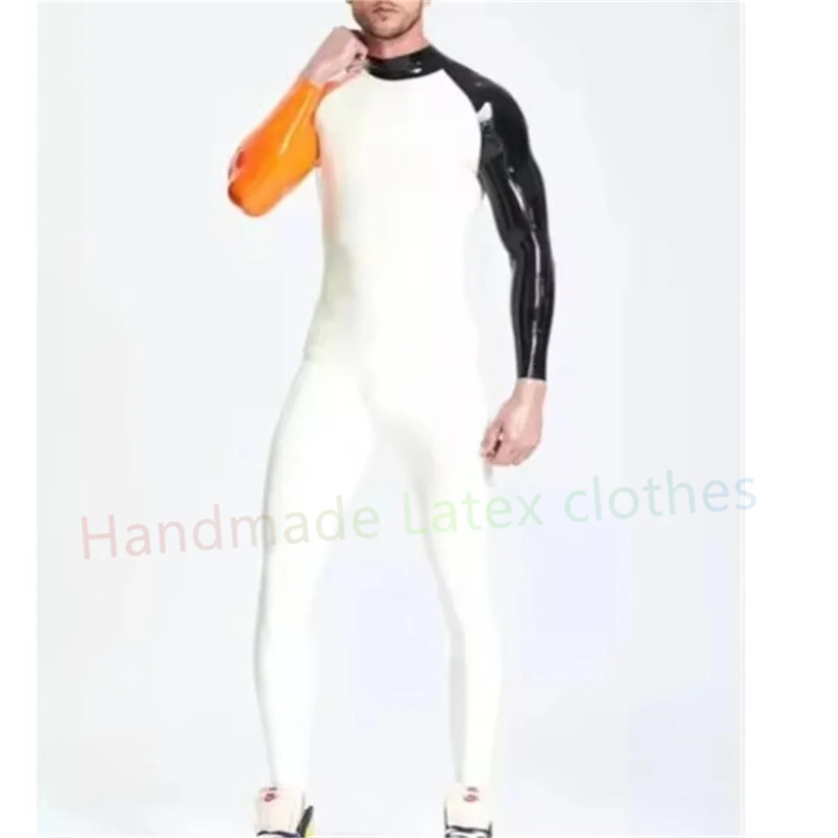 Men's Catsuit Black with White Latex Tight Jumpsuit Rubber Catsuit Cosplay Costumes