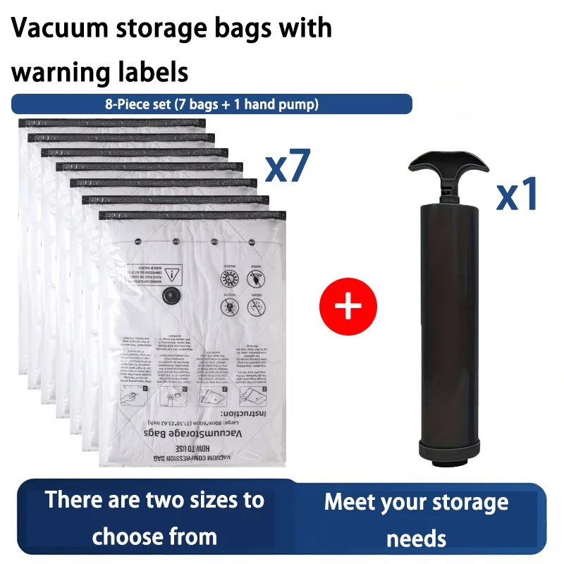 8pcs Extra Large Vacuum Storage Bag Set，Including 1 Manual Pump and 7 40x60cm Vacuum Storage Bag, Air-tight Compression