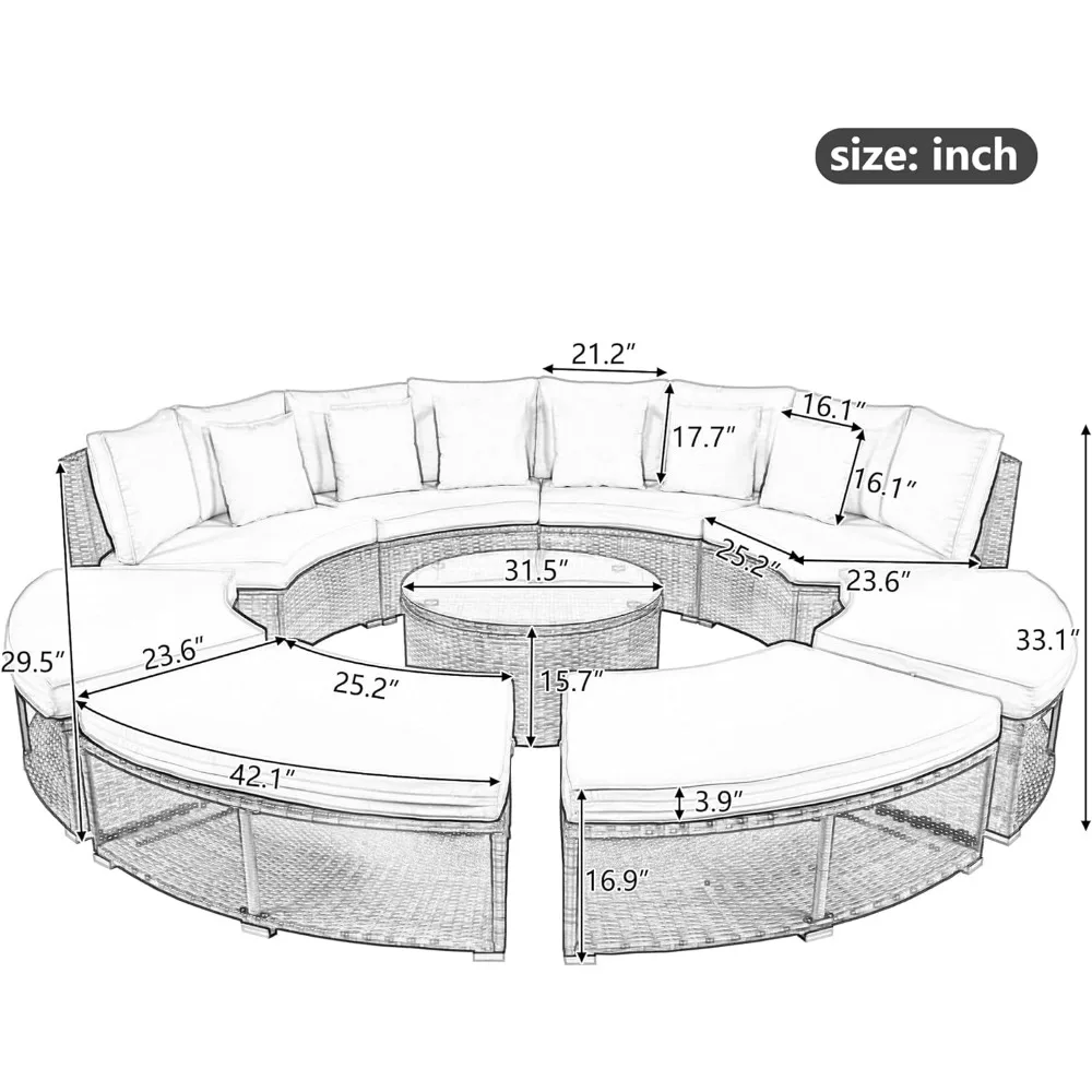 Conjunto de conversación para Patio al aire libre, juego de sofá Circular para exteriores, sofá Seccional de mimbre, conjunto de salón con mesa de