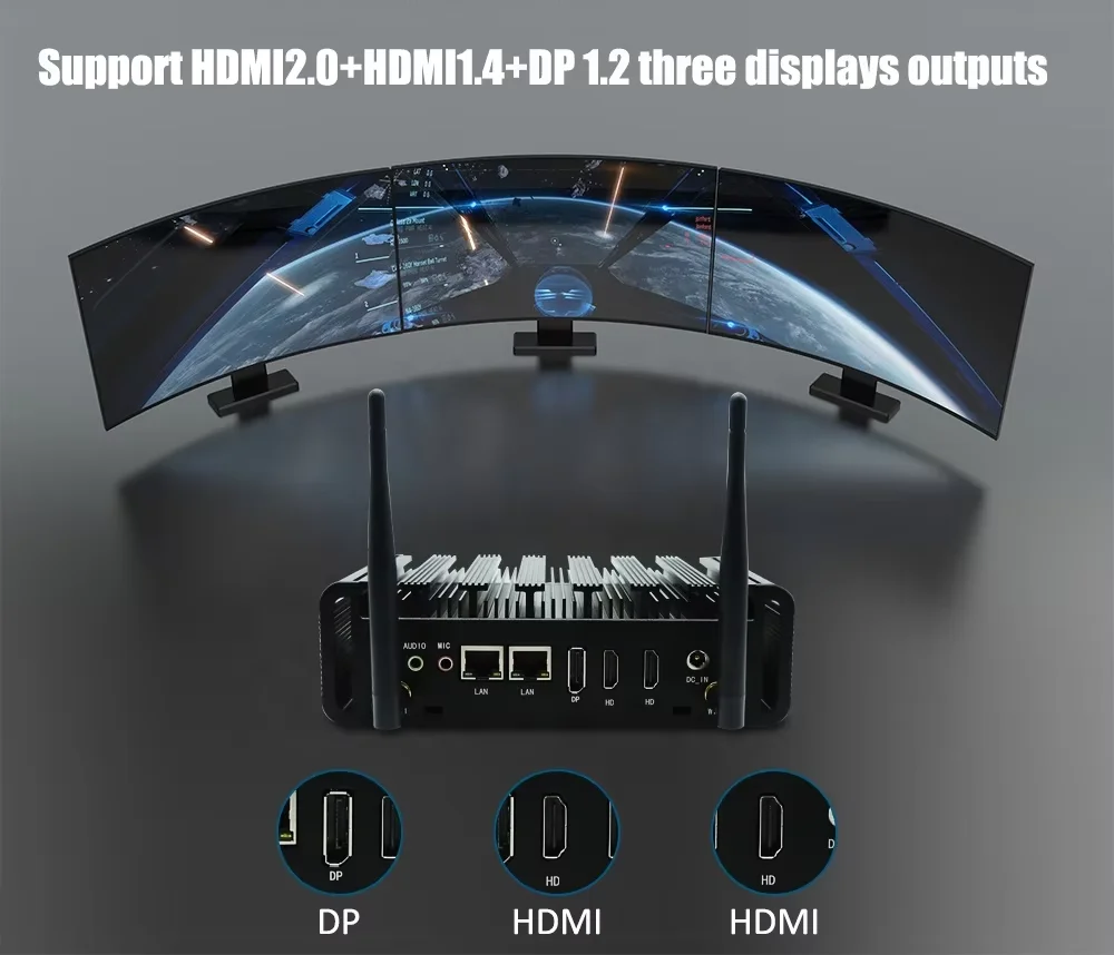 Mini PC industriale senza ventola Intel N150 N100 2xHD DP Tripla display Dual Lan e Rs232 COM per segnaletica automatica/multimedia/digitale