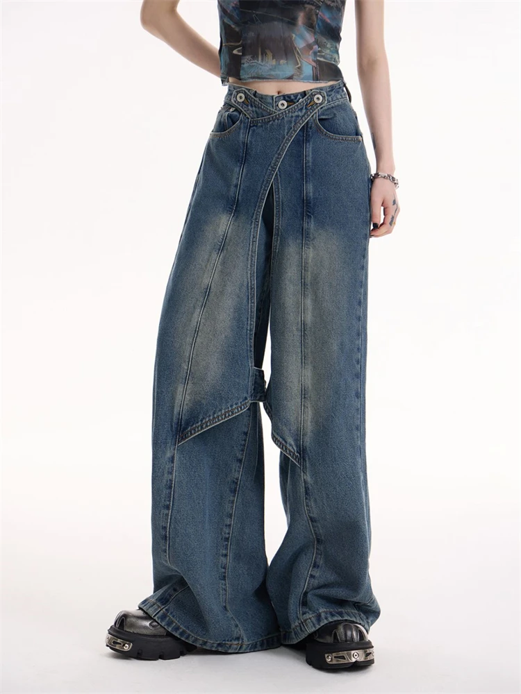 Women\'s High Waist Wide Leg Slice Design Jeans American Vintage Unisex Style Casual Pants Female Straight Denim Trousers