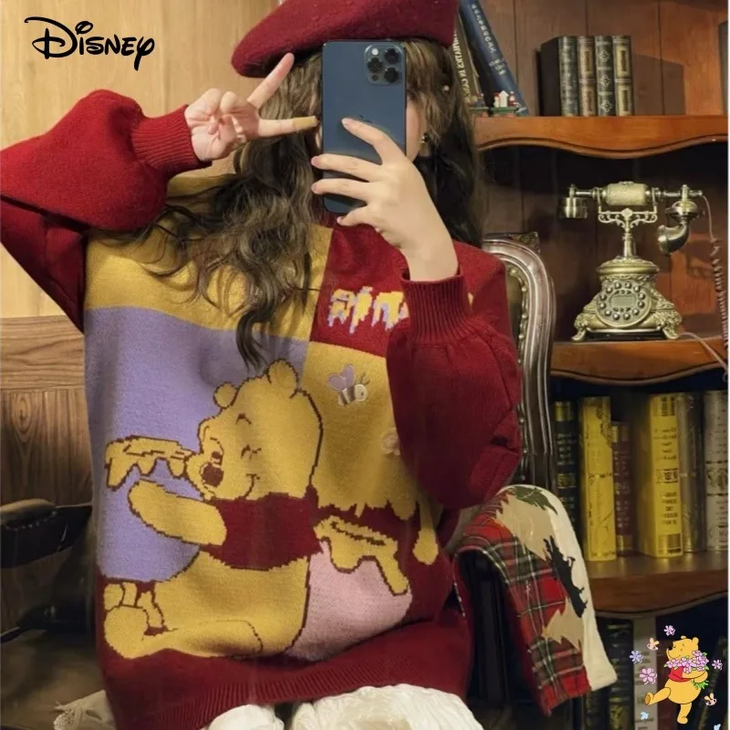 

Disney Cartoon Cute Pooh Bear Sweater for Girls, Fashionable, Personalized, Versatile, Casual, Loose, Sweet High-Neck Knit Top