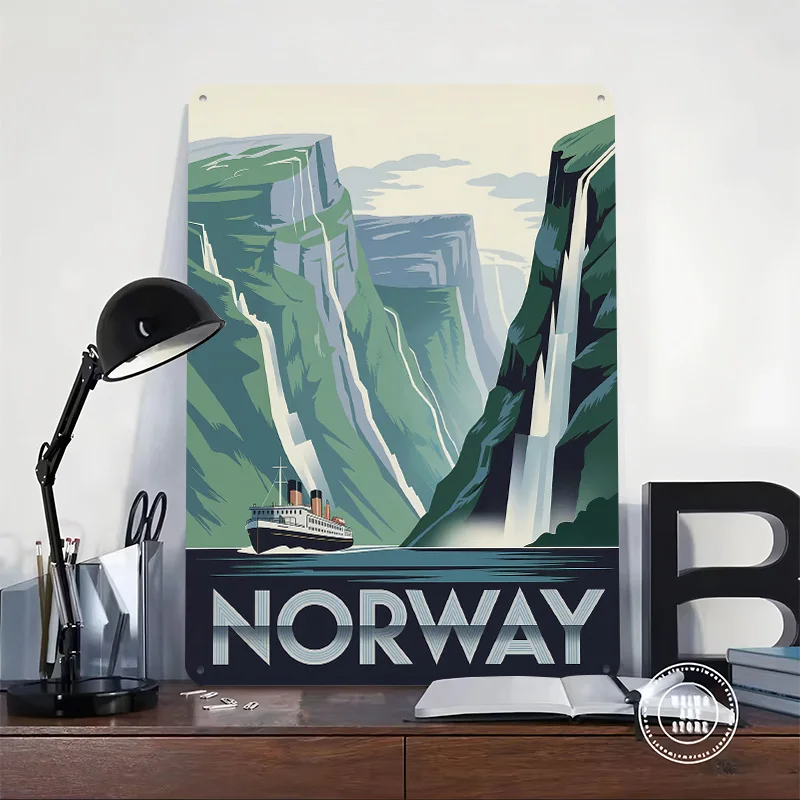 Norway Travel With Fjord and Ship Personalized 3D Textured Metal Poster Wall Art Vintage Tin Signs for Bedroom Decorations Room