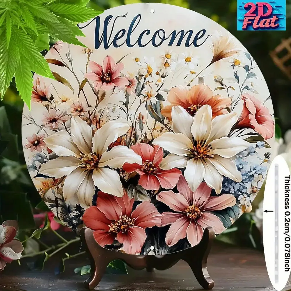 1pc Floral Welcome Wall Decor - Beige, Brown, White, Green, Pink, Gray, Peach Round Metal Plate - Lightweight & Sturdy Aluminum