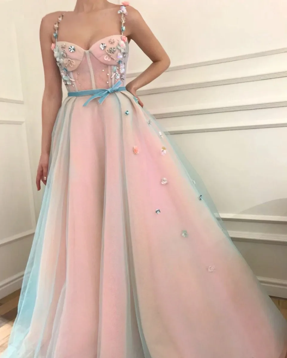 Roze Blauw Prom Dresses Vrouwen Formele Partij Elegante A-lijn Applicaties Pailletten Vestidos De Gala Spaghettibandjes Lange Avondjurken