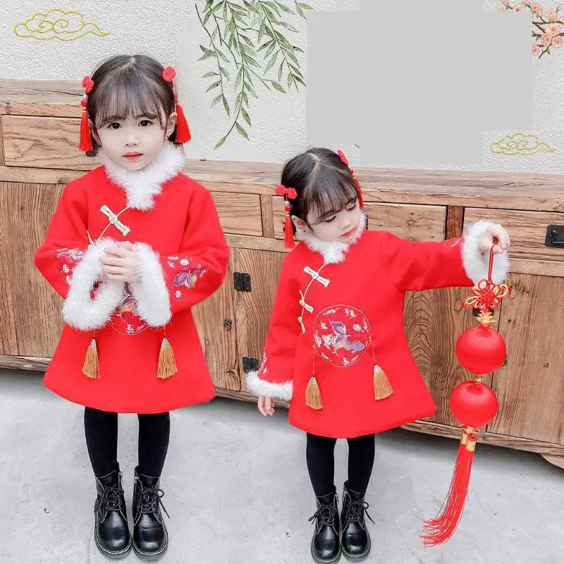 Autunm Winter Kids Qipao Chinese Lovely Tang Suit Children Embroidery New Year Dress Girls Cotton-padded Clothes Cheongsam