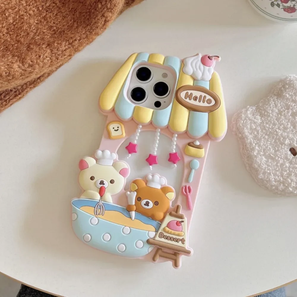 For iPhone 12 13 14 15 16 Pro Max 3D Cartoon Rilakkuma Dessert Story Chef Bear Phone Case Dessert Soft Silicone Cover